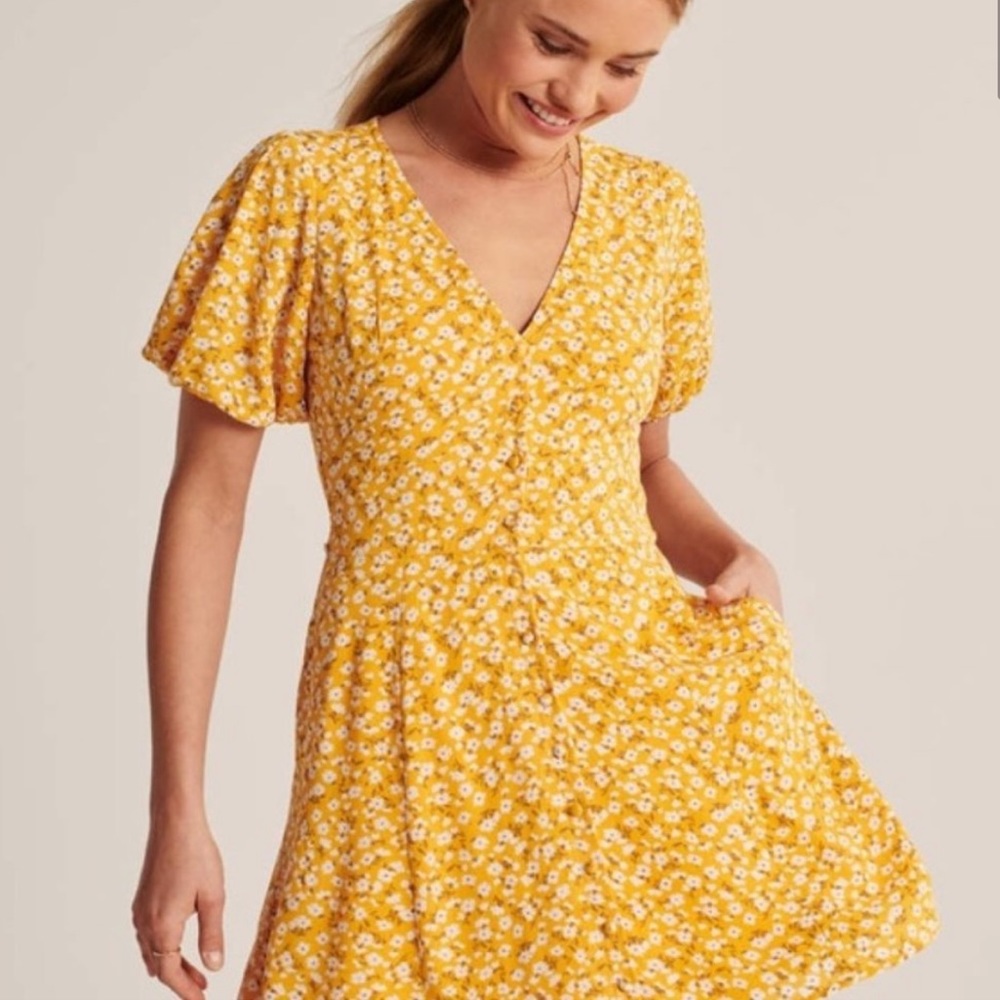 Abercrombie and Fitch | delicate floral yellow button dress with puff sleeves